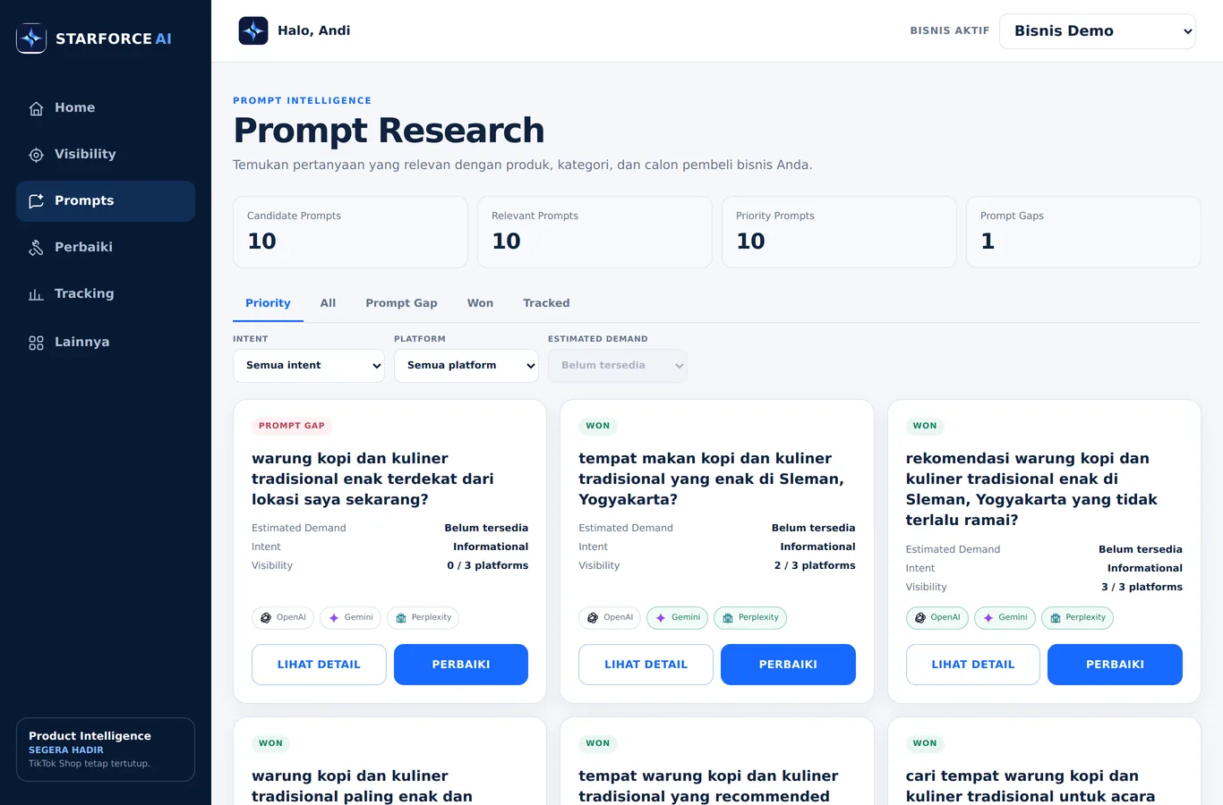 Halaman Prompt Research MentionHalo (contoh bisnis demo)