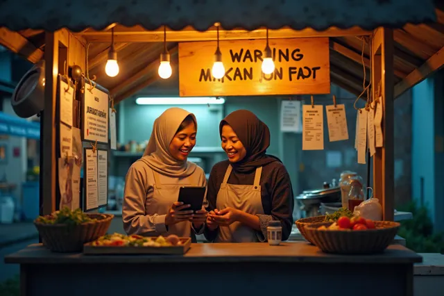 Pasangan pemilik usaha makanan kecil melihat hasil di perangkat mereka