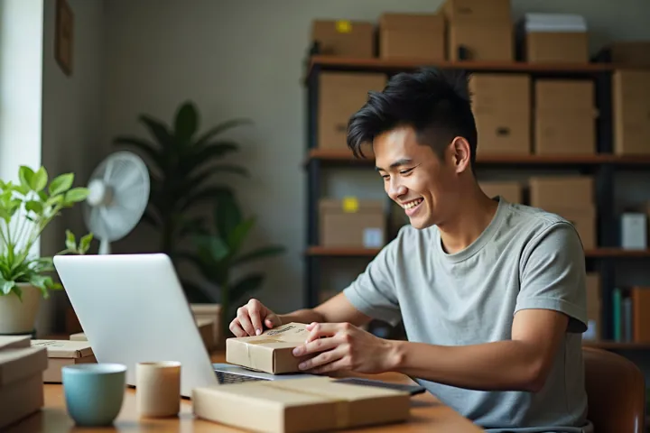 Pelaku usaha online menyiapkan pesanan di meja kerjanya