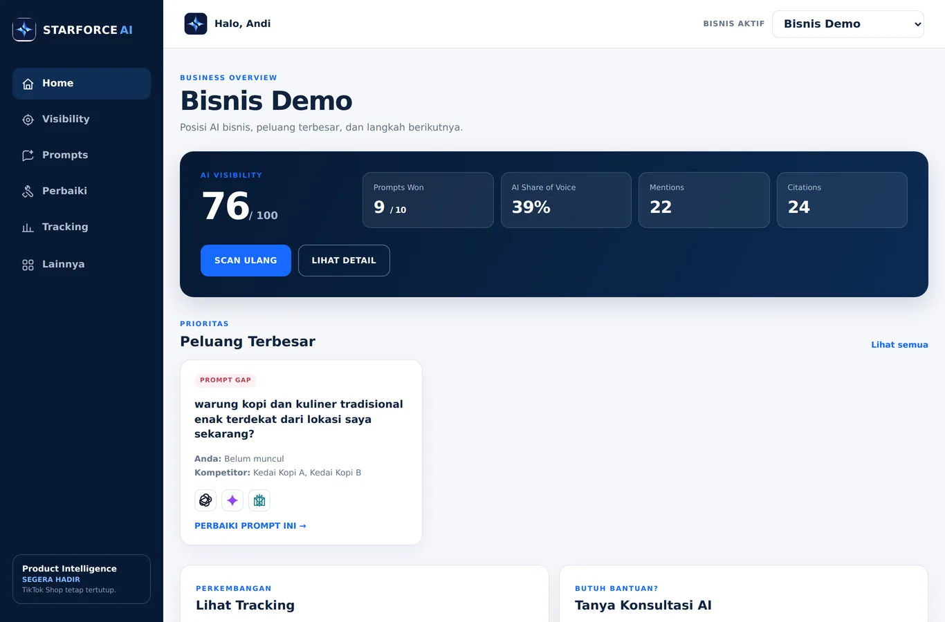 Halaman Peluang AI MentionHalo (contoh bisnis demo)
