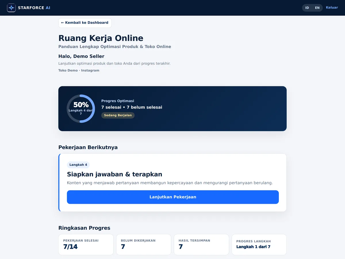 Ruang Kerja Online — pekerjaan, progres, dan hasil tersimpan di satu tempat.